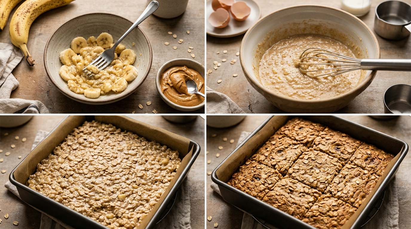 Four preparation stages for Banana Peanut Butter Baked Oatmeal