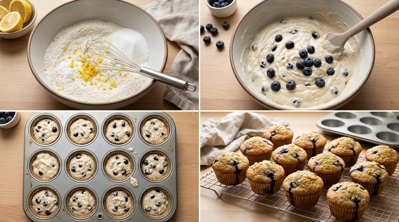 Four preparation stages for Blueberry Lemon Yogurt Muffins