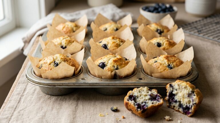 Blueberry lemon yogurt muffins with golden tops and a split muffin showing blueberry pockets