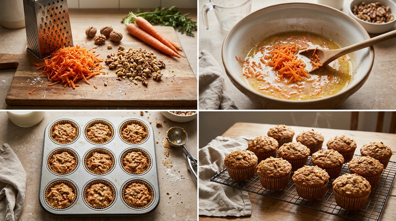 Four preparation stages for Carrot Walnut Breakfast Muffins
