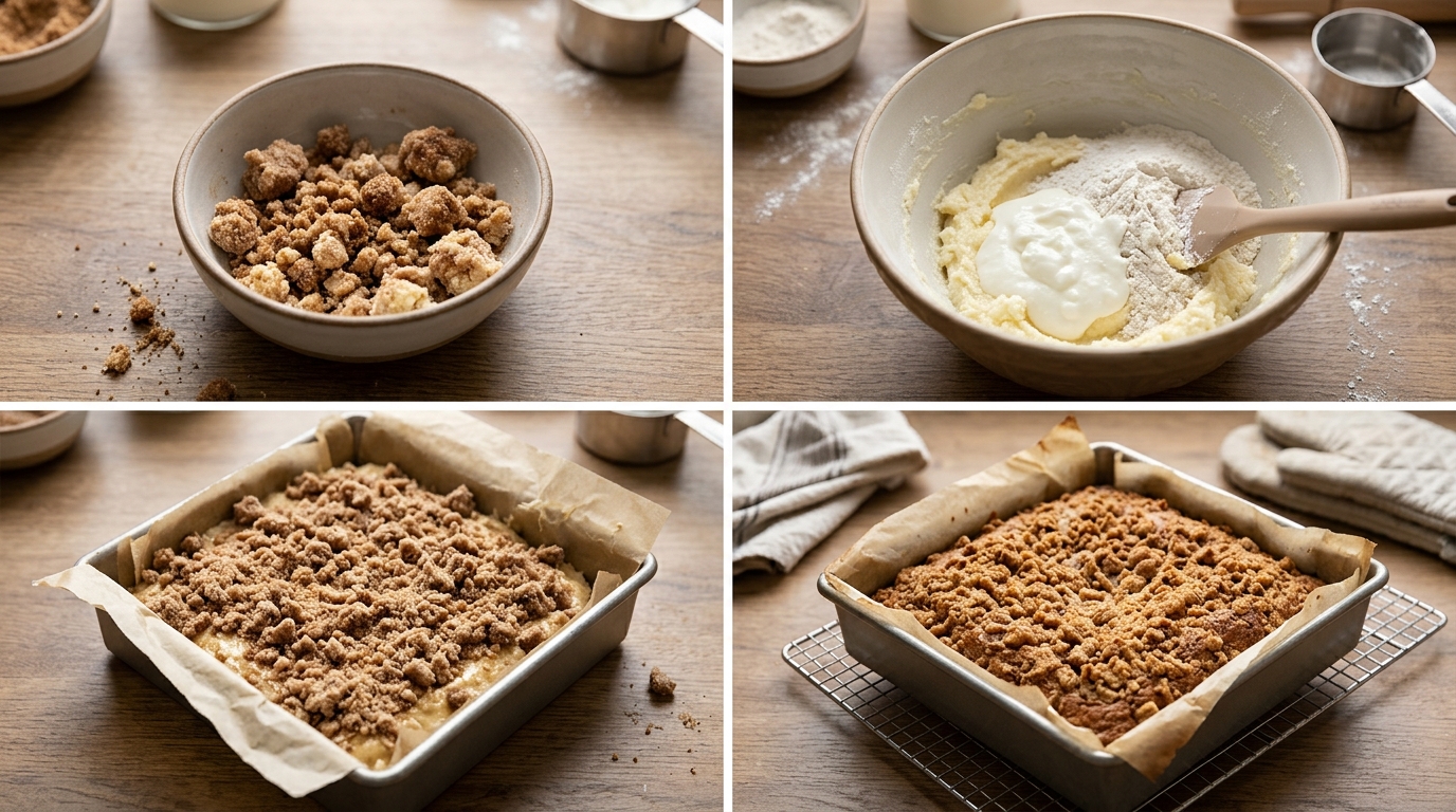 Four preparation stages for Cinnamon Streusel Coffee Cake