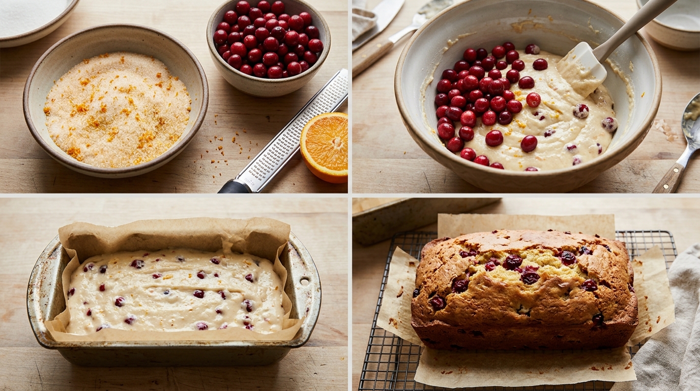 Four preparation stages for Cranberry Orange Quick Bread