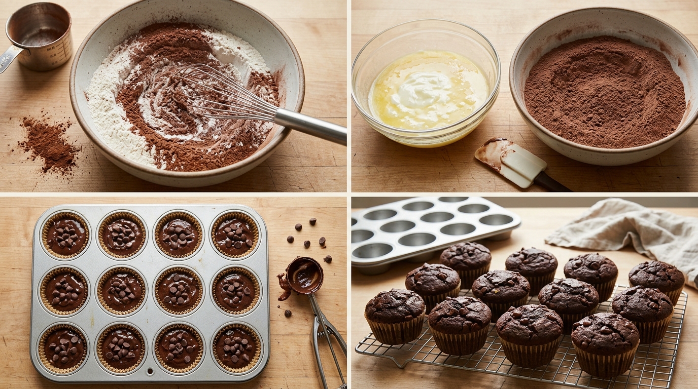 Four preparation stages for Double Chocolate Yogurt Muffins