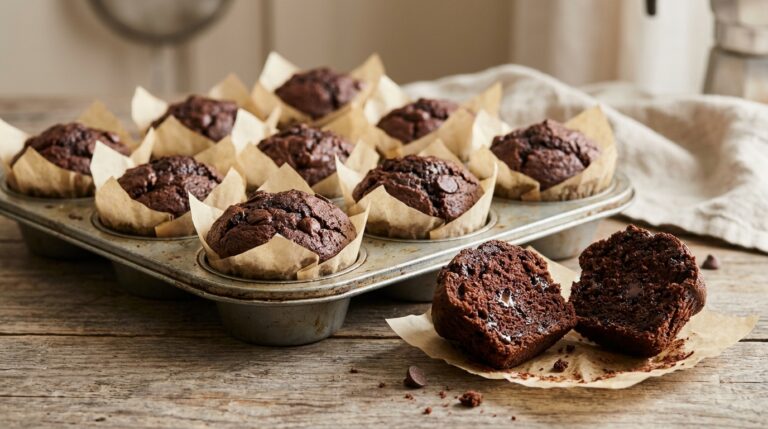 Double chocolate yogurt muffins with chocolate chips and a soft dark cocoa crumb