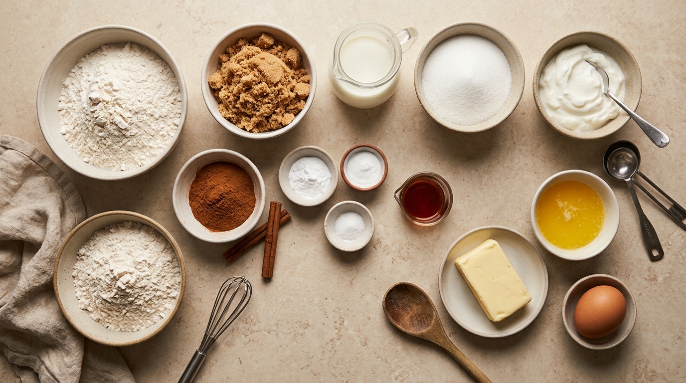 Ingredients for Cinnamon Streusel Coffee Cake arranged before baking