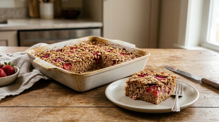 Strawberry vanilla baked oatmeal with visible rolled oats and red strawberry pieces