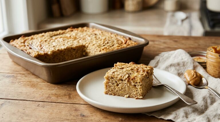 Banana peanut butter baked oatmeal with a soft oat square served beside the pan