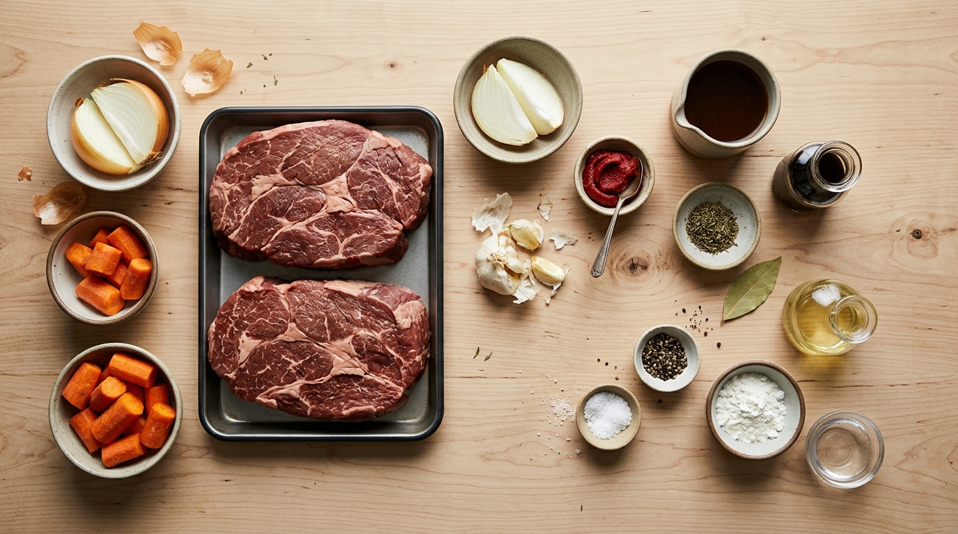 Ingredients for pot roast, including two pieces of raw chuck beef, carrots, onion, broth, tomato paste, and seasonings.