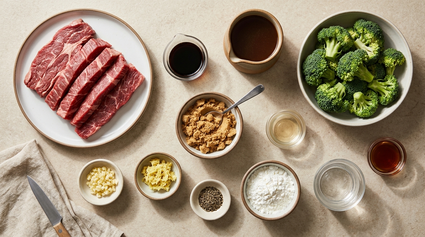 Ingredients for beef and broccoli, including raw beef strips, broccoli florets, soy sauce, broth, garlic, and ginger.
