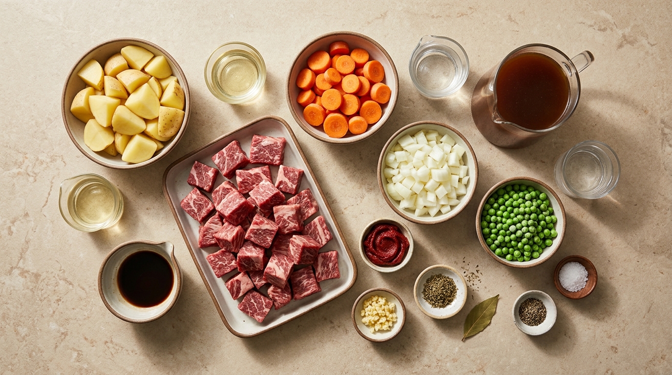 Ingredients for beef stew, including raw beef cubes, potatoes, carrots, onion, peas, broth, and seasonings.