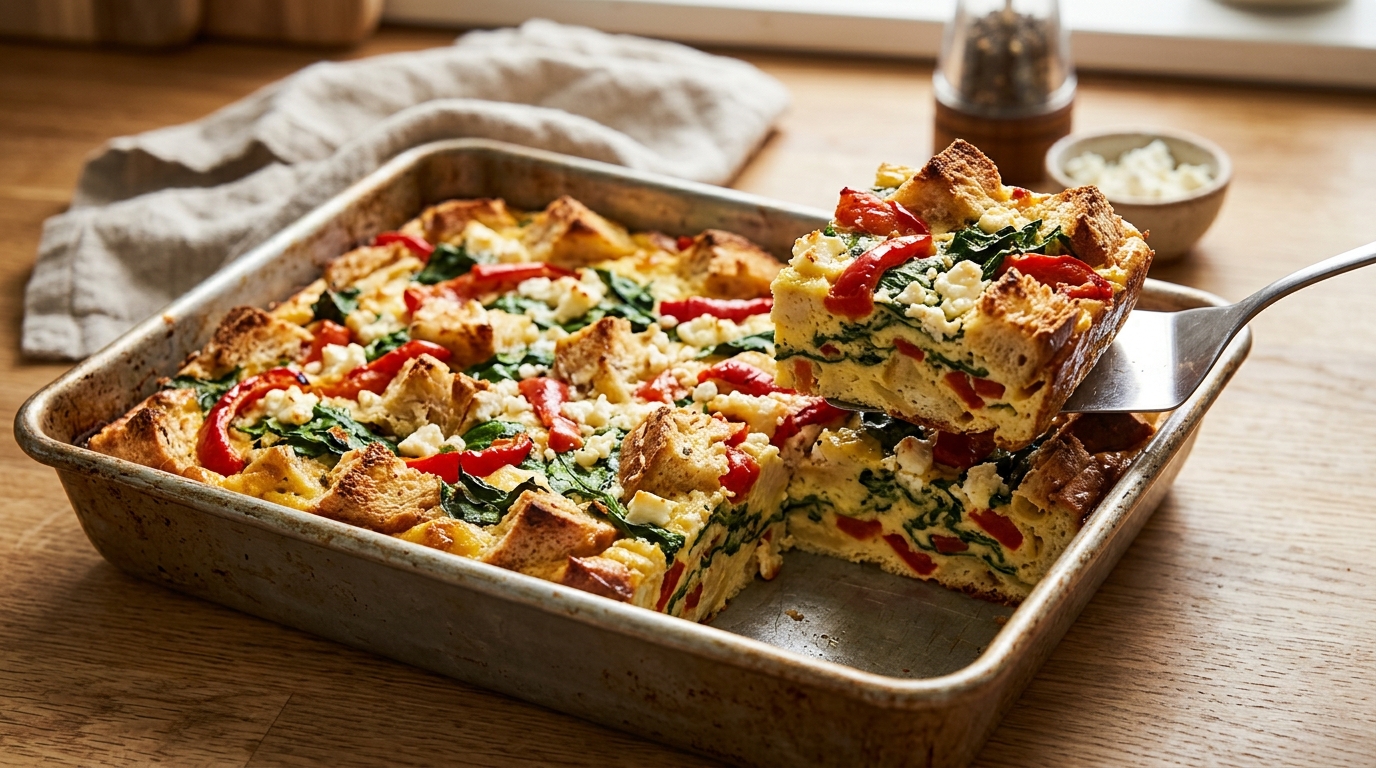 Roasted red pepper feta breakfast strata with bread cubes, spinach, and set egg custard