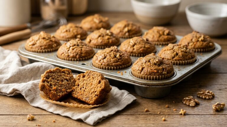 Carrot walnut muffins with fine carrot flecks and walnut pieces in the crumb