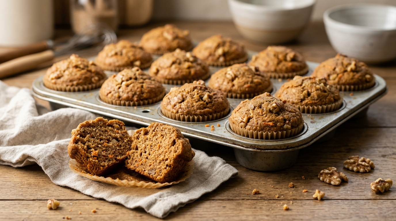 Carrot walnut muffins with fine carrot flecks and walnut pieces in the crumb