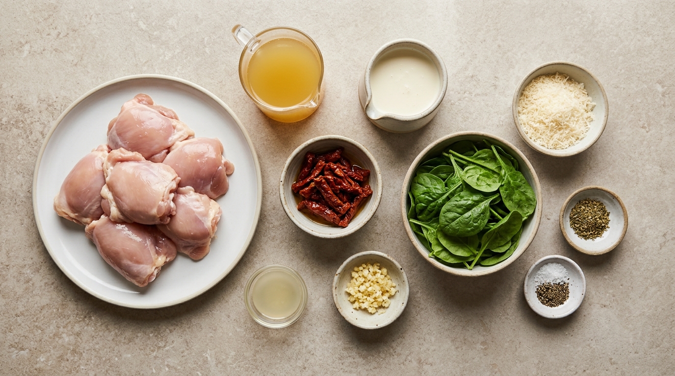 Ingredients for creamy Tuscan chicken, including chicken thighs, sun-dried tomatoes, spinach, cream, Parmesan, and garlic.