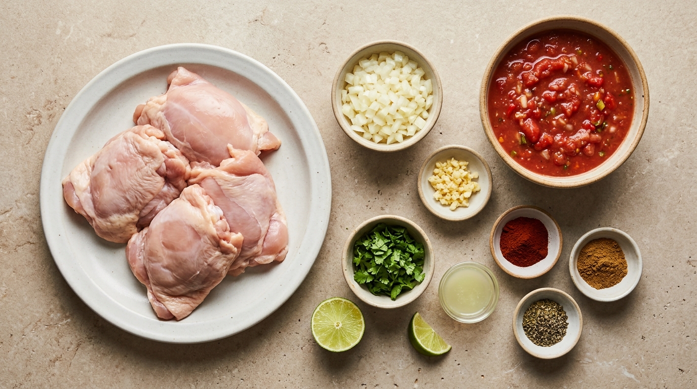 Ingredients for salsa chicken, including raw chicken thighs, tomato salsa, onion, garlic, spices, and lime.