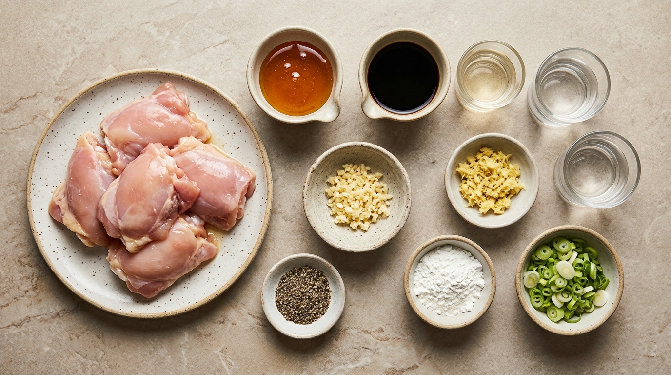 Ingredients for honey garlic chicken, including raw chicken thighs, honey, soy sauce, garlic, ginger, and green onions.