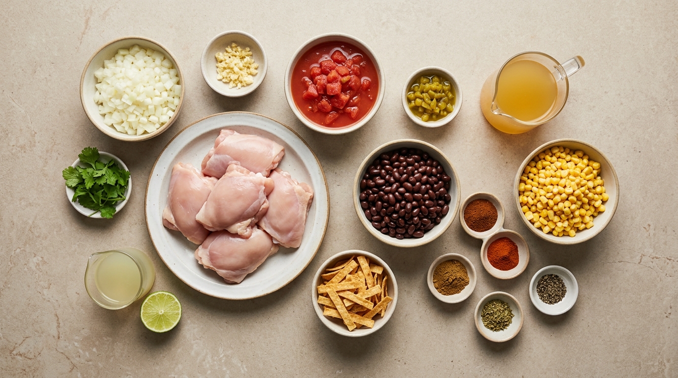 Ingredients for chicken tortilla soup, including chicken thighs, black beans, corn, tomatoes, broth, and tortilla strips.