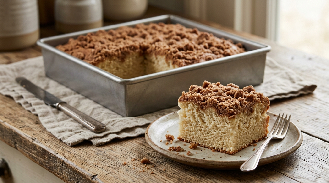 Vanilla coffee cake with a cinnamon streusel topping and one square served on a plate