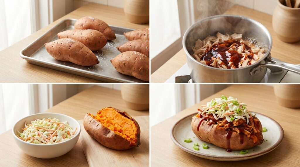 Four stages of making BBQ chicken stuffed sweet potatoes, from baking the potatoes and warming chicken to adding cabbage slaw