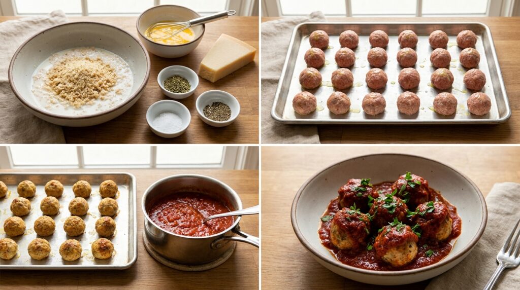 Four stages of making baked turkey meatballs with marinara, from mixing and shaping the meatballs to baking and coating with sauce