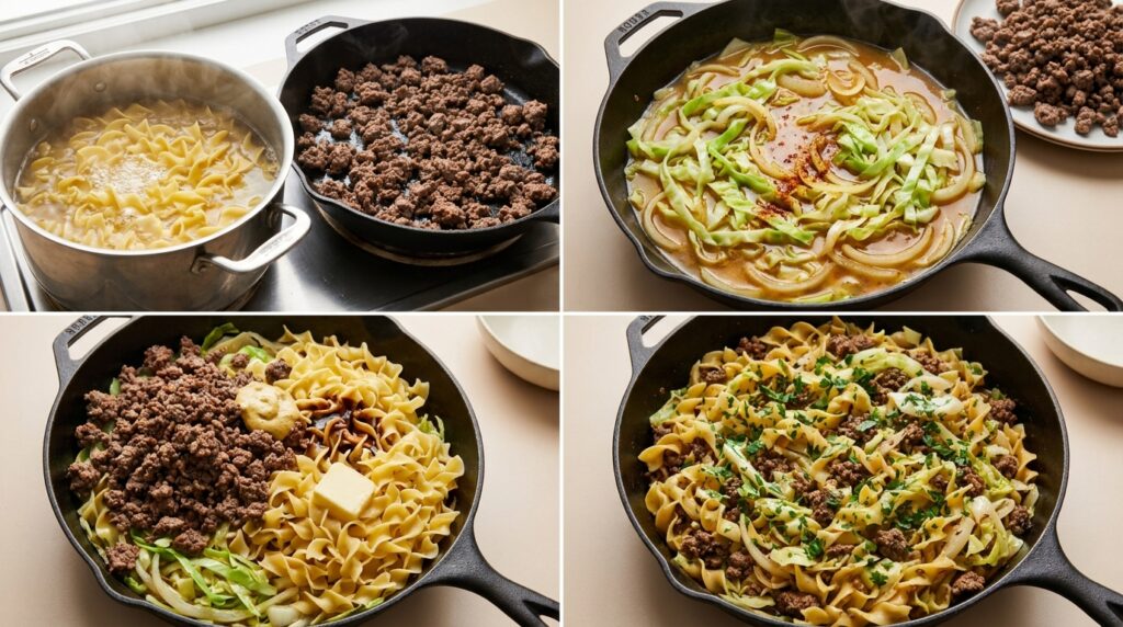 Four stages of making ground beef cabbage noodle skillet, from browning the beef and softening cabbage to tossing with cooked egg noodles