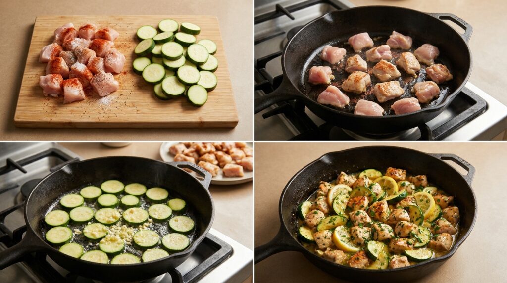 Four stages of preparing garlic butter chicken bites with zucchini, from seasoning and browning to combining in the skillet