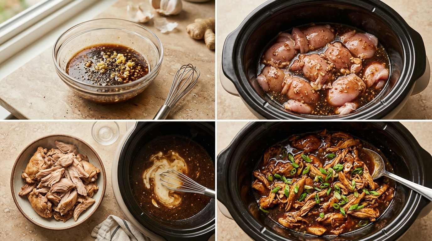 Four stages of honey garlic chicken: mixing the sauce, adding chicken, pulling the cooked meat apart, and coating it in the thickened sauce.