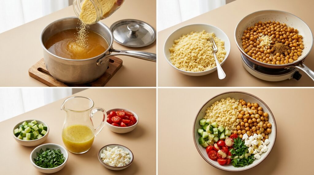 Four stages of preparing lemon chickpea couscous bowls, from hydrating and fluffing couscous to adding chickpeas, vegetables, feta, and dressing