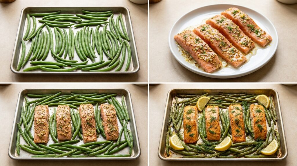 Four stages of roasting lemon dill salmon with green beans, from preparing the beans and seasoning the fish to the finished tray