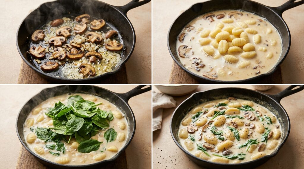 Four stages of making creamy mushroom spinach gnocchi, from browning mushrooms to simmering gnocchi and adding spinach and Parmesan
