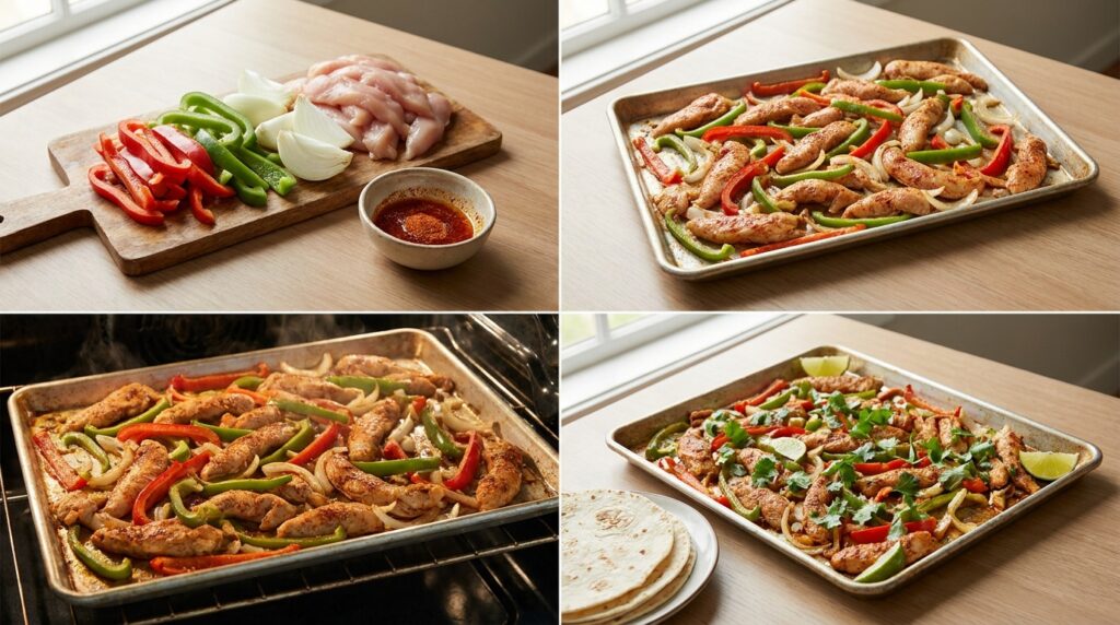 Four stages of making sheet pan chicken fajitas, from seasoning the chicken and peppers to roasting and serving with tortillas