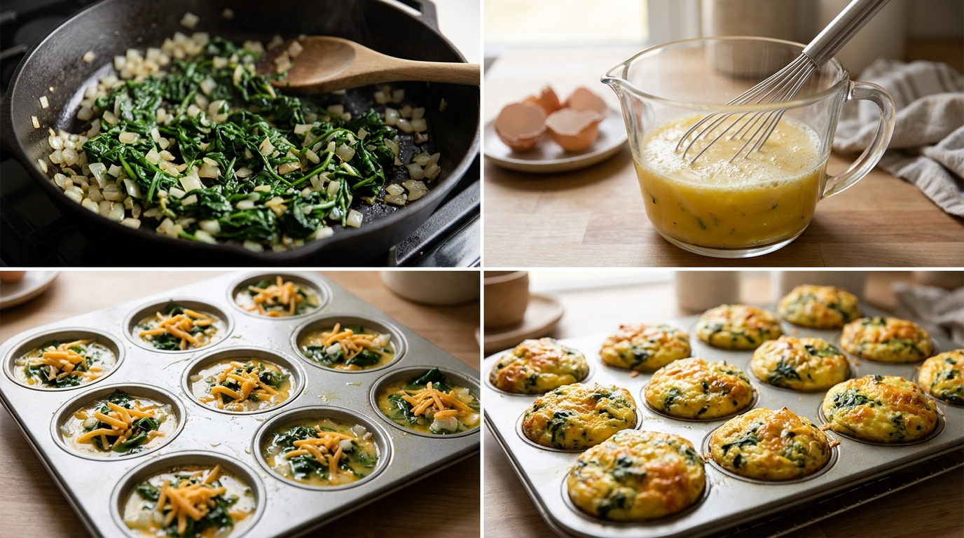 Four preparation stages for Spinach Cheddar Egg Muffins