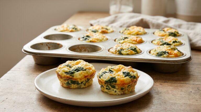 Spinach cheddar egg muffins with cooked spinach and melted cheese in set eggs