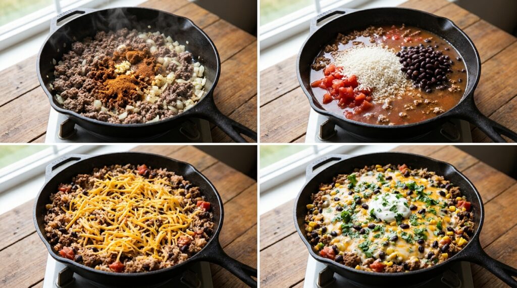 Four stages of making one pot taco rice with ground beef, from browning the beef to cooking the rice and melting the cheddar