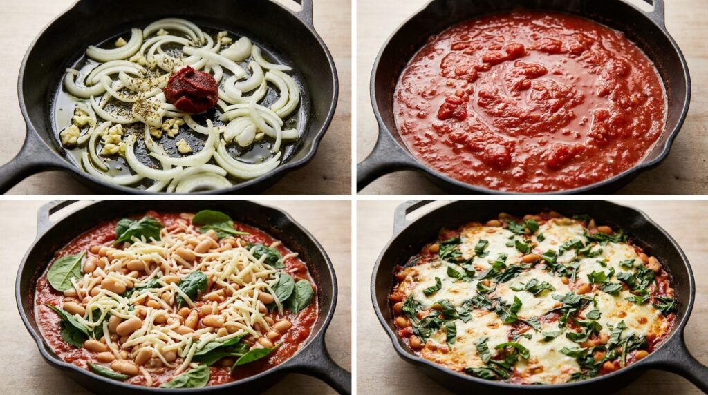 Four stages of making white bean tomato bake, from cooking onion and tomato sauce to adding beans, spinach, and mozzarella and baking