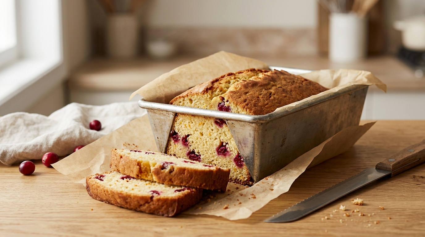 Cranberry orange quick bread with red cranberry pockets in sliced golden crumb