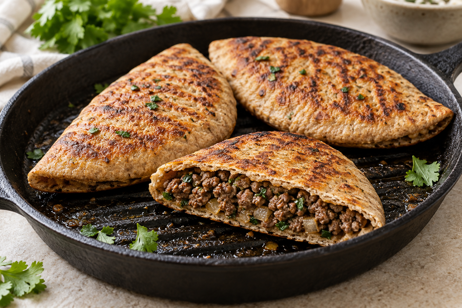 Crispy wholemeal beef arayes in a cast-iron griddle pan with browned pita and seasoned beef filling.