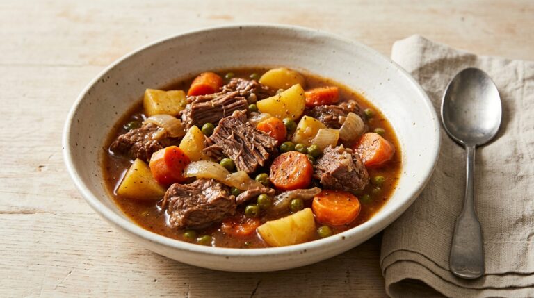 Beef stew with tender chuck pieces, potatoes, carrots, and peas in brown gravy.