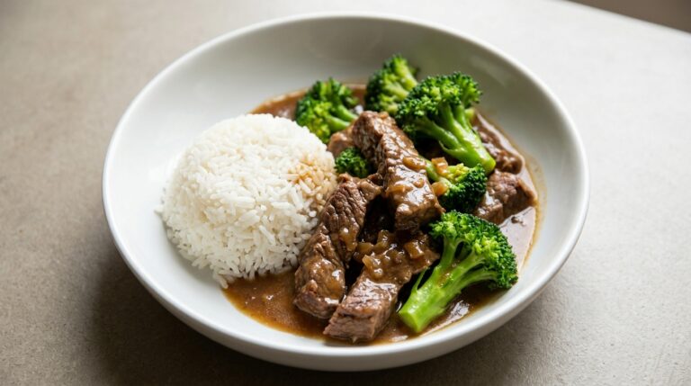 Tender slow-cooked beef strips and bright broccoli in a brown garlic sauce beside white rice.