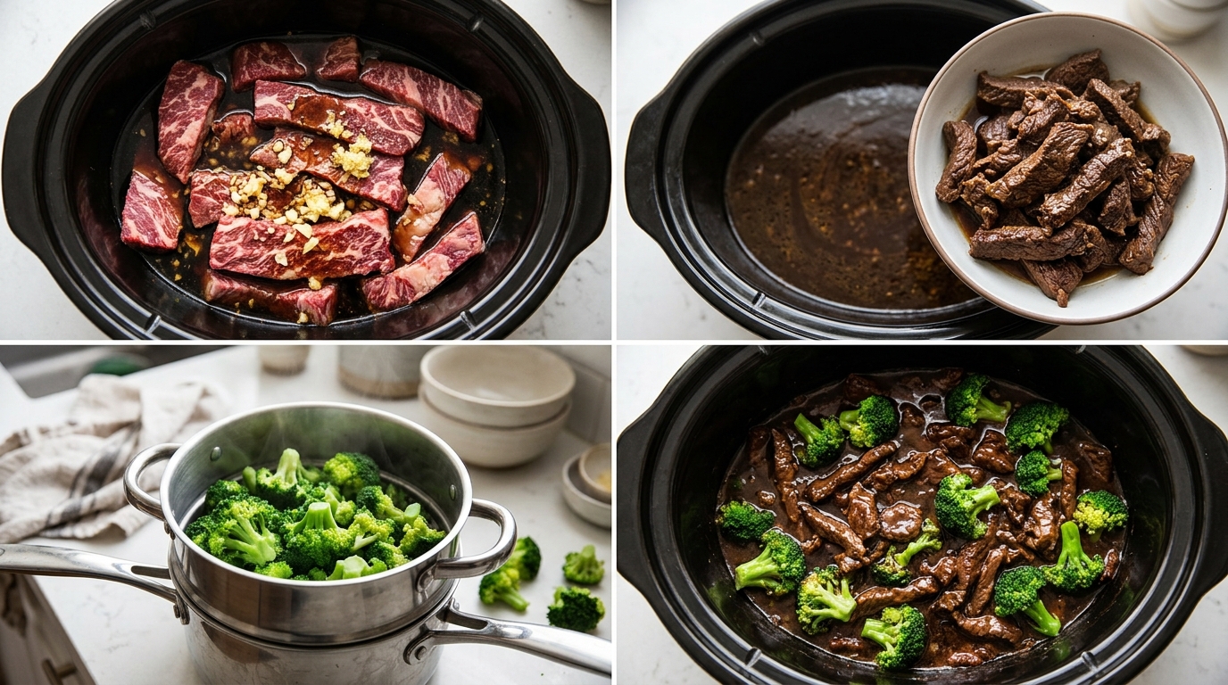 Four stages of beef and broccoli: adding beef to sauce, removing the cooked beef, steaming broccoli separately, and combining them.