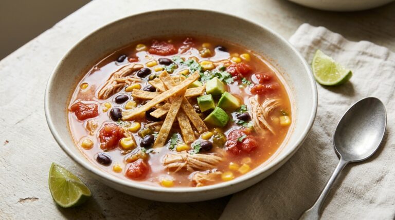 Chicken tortilla soup with shredded chicken, black beans, corn, tomatoes, and crisp tortilla strips.