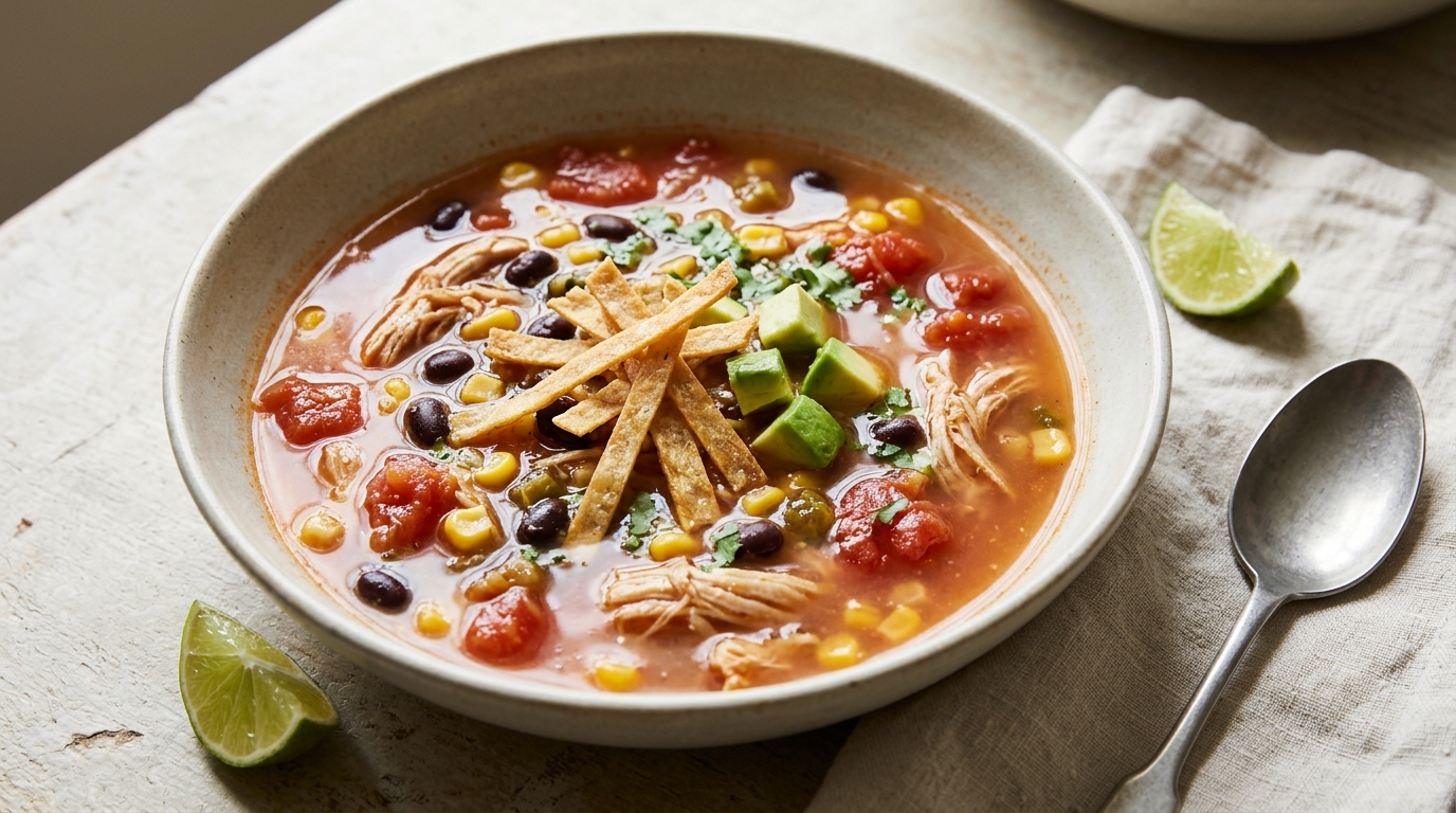 Chicken tortilla soup with shredded chicken, black beans, corn, tomatoes, and crisp tortilla strips.