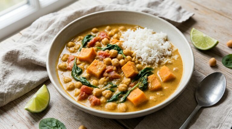 Chickpea coconut curry with sweet potato cubes, tomato, and spinach beside white rice.