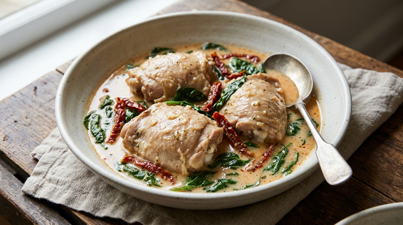 Boneless chicken thighs in a creamy Parmesan sauce with sun-dried tomatoes and wilted spinach.