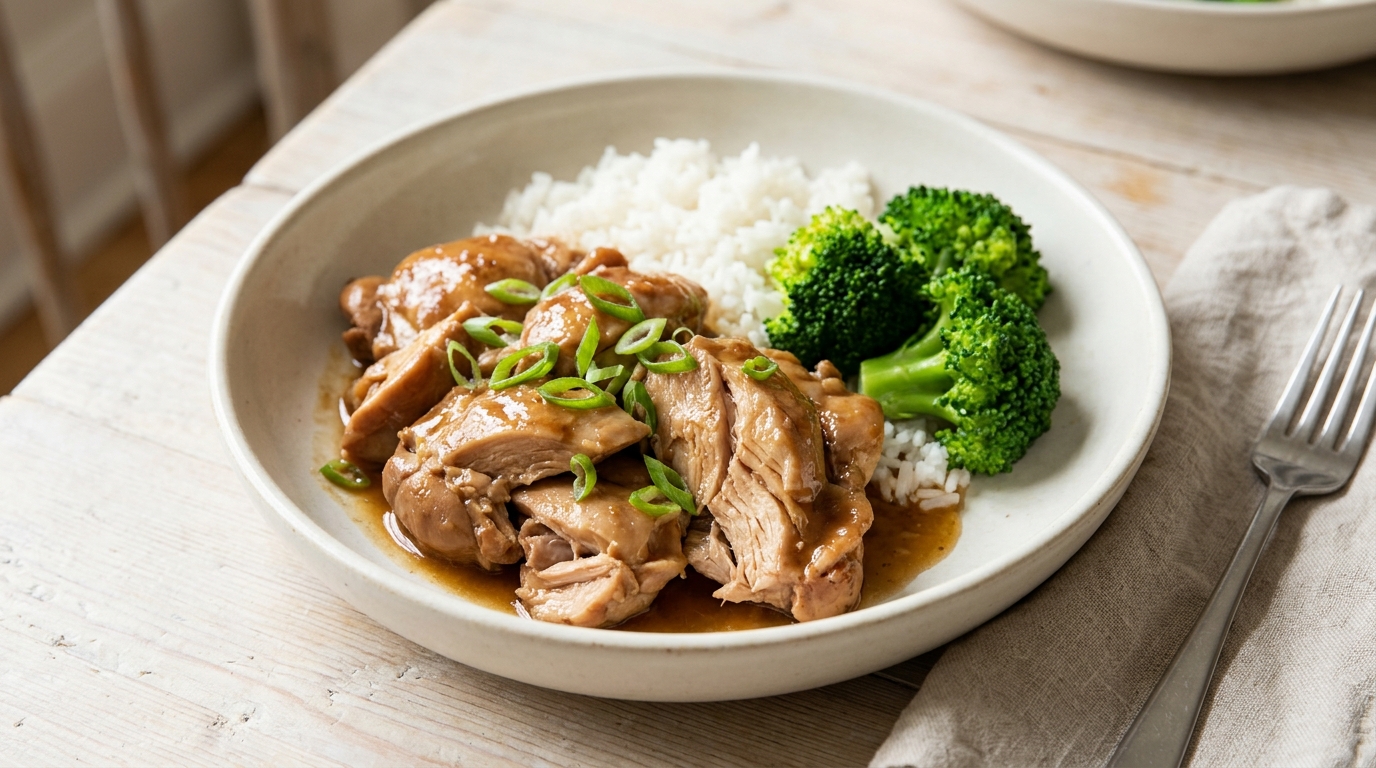 Honey garlic chicken thighs in glossy sauce with sliced green onions, rice, and broccoli.