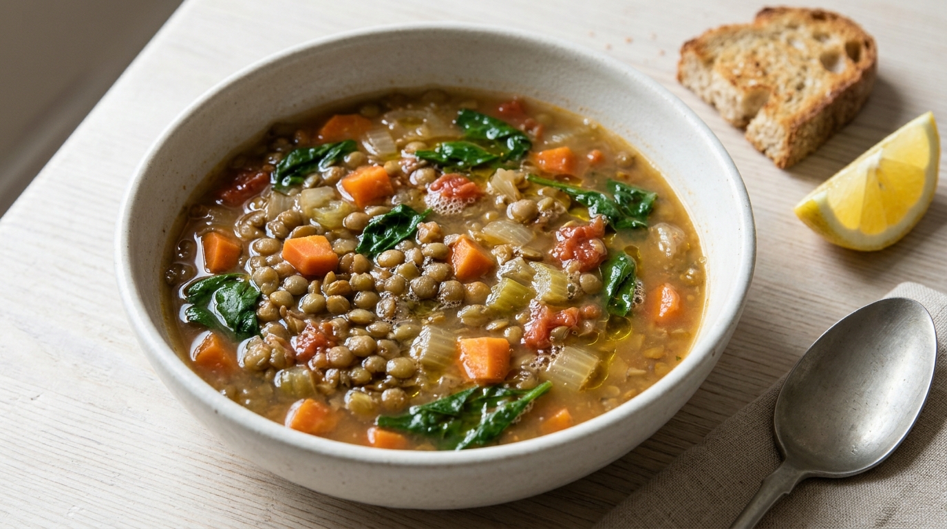 Brown lentil soup with carrots, celery, tomatoes, and wilted spinach in a ceramic bowl.