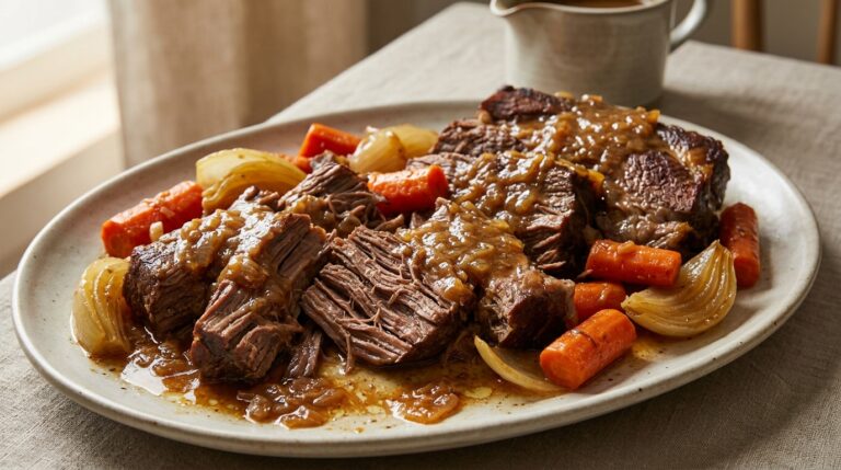 Fork-tender chuck pot roast with carrots and softened onion wedges under brown onion gravy.