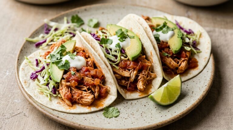 Soft tacos filled with shredded salsa chicken, cabbage, avocado, and a small spoonful of yogurt.