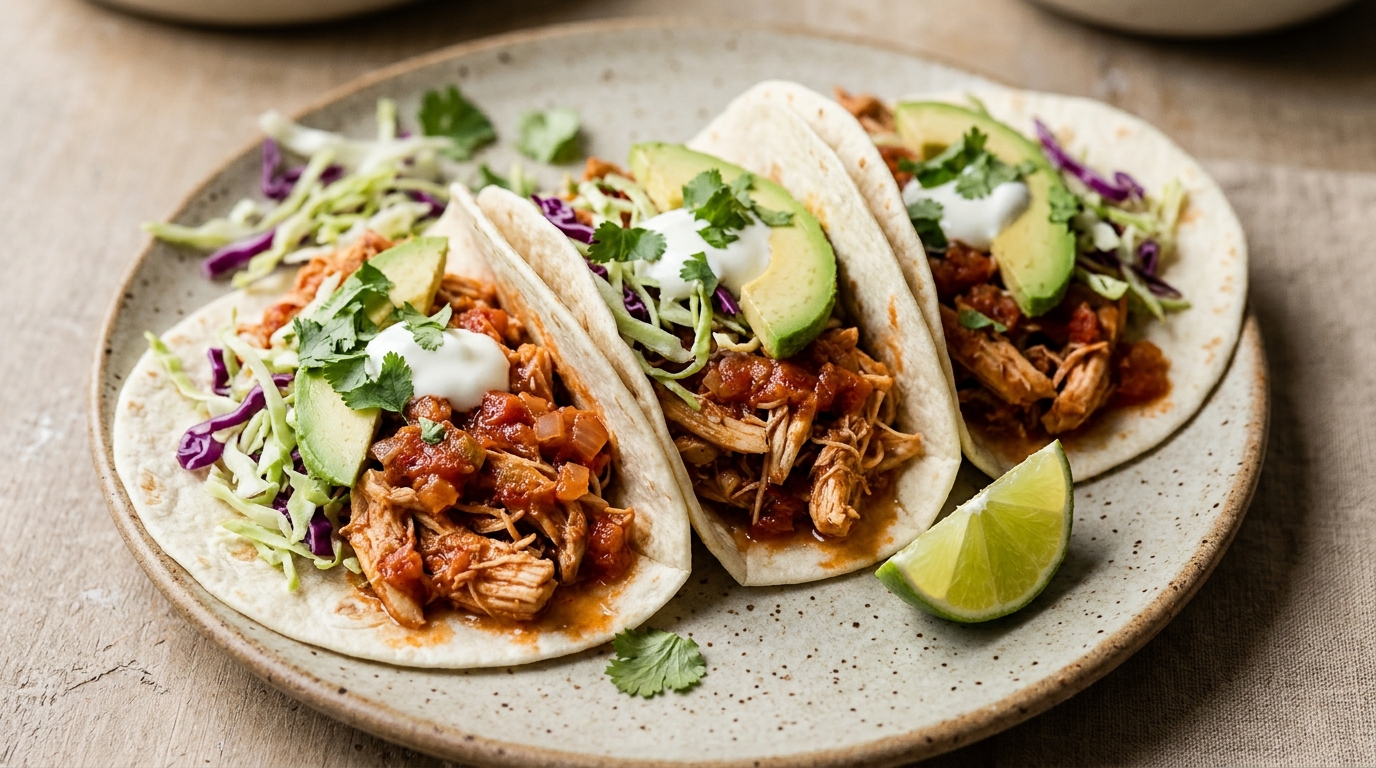 Soft tacos filled with shredded salsa chicken, cabbage, avocado, and a small spoonful of yogurt.