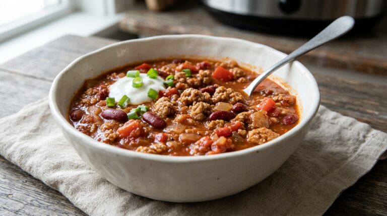 Thick turkey chili with red kidney beans, tomato, and bell pepper, topped with green onions.